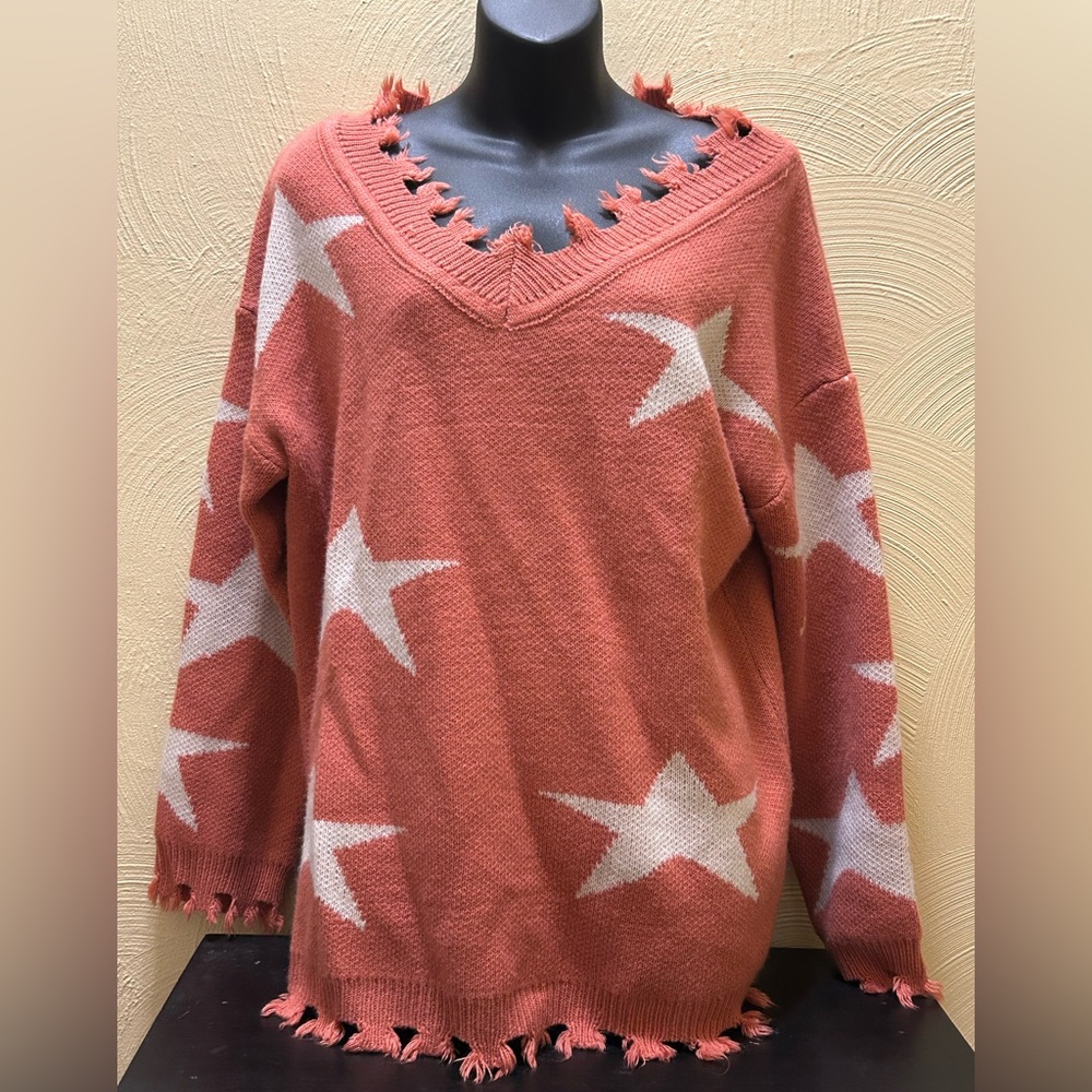 MACARON Coral Pink Color Knit  V-neck Sweater - Ladies Size S